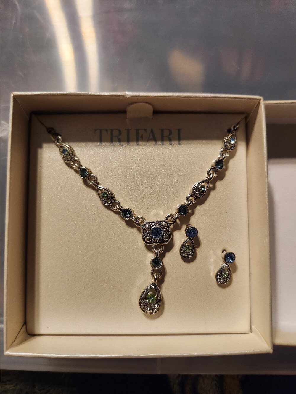 Trifari Gold-Tone Necklace and Earrings with Blue and Green Stones